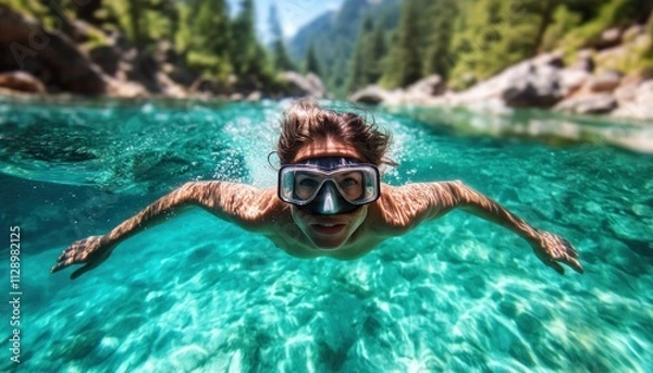 Fototapeta A fearless diver leaping into crystal-clear waters, illustrating confidence, vitality, and freedom This breathtaking image captures the thrill of aquatic adventure, showcasing the diver's unwavering
