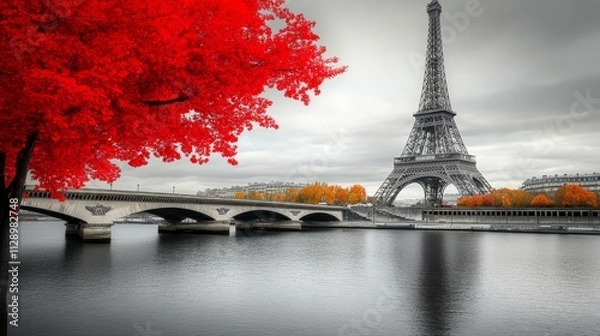 Fototapeta The Eiffel Tower stands gracefully by the Seine River, framed by vivid red autumn leaves, capturing a serene yet vibrant Parisian autumn scene.