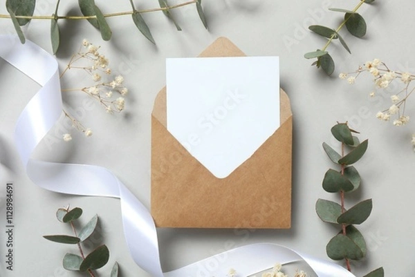 Fototapeta Paper envelpe with eucalyptus branches. Empty greeting card for text design