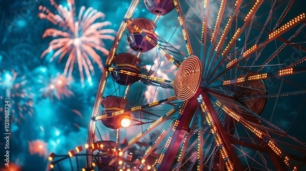 Obraz Ferris wheel at night with fireworks.
