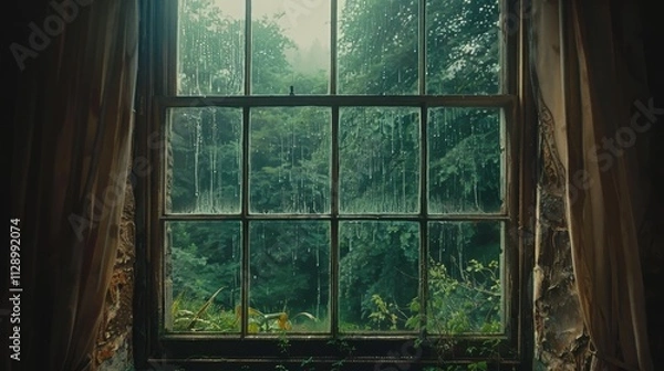 Fototapeta Serene Forest View Through Weathered Window Frame