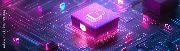 Fototapeta Futuristic digital lock symbol on a glowing circuit board representing cybersecurity.