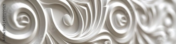 Fototapeta The image is a close up of a white wall with a pattern of swirls and curves