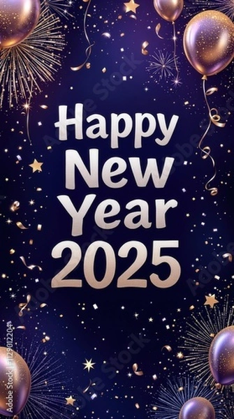 Obraz New Year 2025 Digital Graphic with Sparkling Confetti, Balloons, and Fireworks