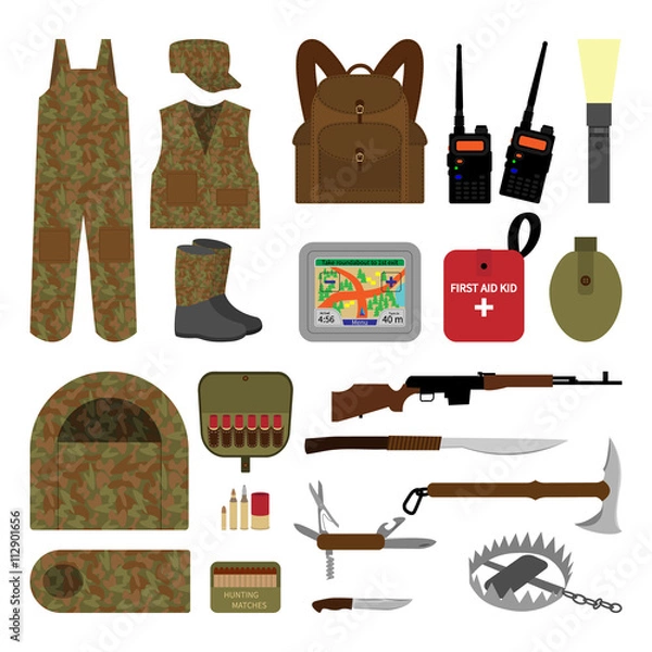Obraz Set of elements for hunting in flat style.