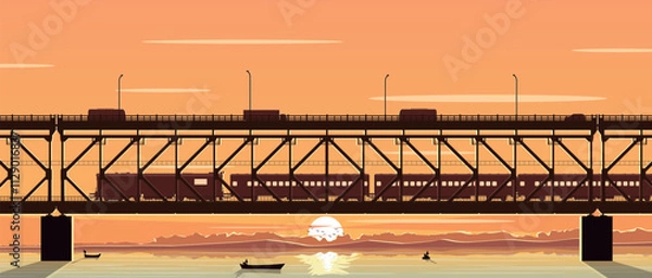 Obraz Godavari - Sunset over the Godavari river beautiful view, Godavari river with train on bridge background vector banner 
