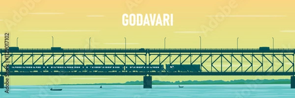 Obraz Godavri River on bridge, sunset on the river, Train on bridge background, bridge nature background