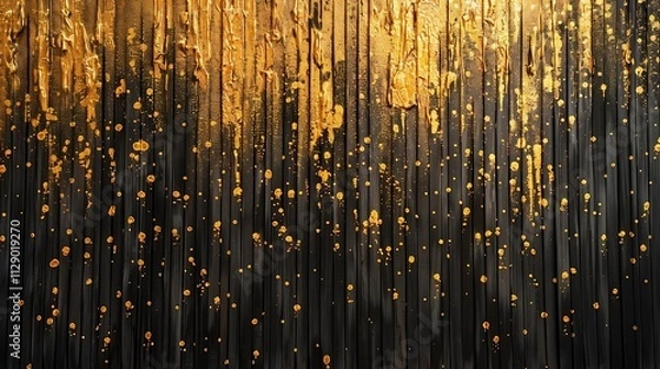 Fototapeta Abstract gold and black vertical stripes with splatters, textured background.
