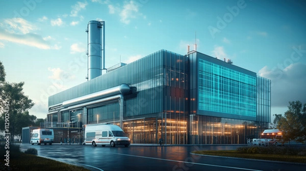 Obraz Modern hospital building featuring glass facade and advanced architectural design, with ambulances parked outside, ready for emergencies.