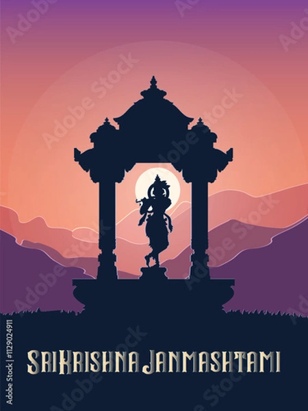 Obraz Krishana Janmashtami background, Janmashtami or Gokulashtami festival vector with Lord Krishna playing flute vector illustration, wishes and invitation poster card design, congratula