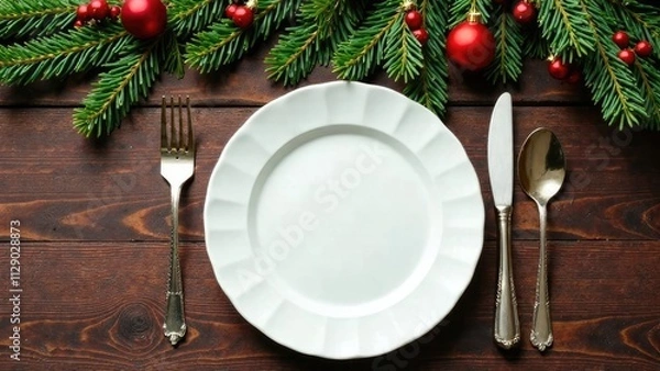 Obraz Christmas table setting top view, plate, fork, spoon, knife on the table, festive food setting