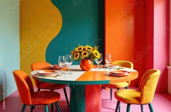 Obraz Modern colorful chairs at dining table under pastel lamps in living room interior with pillows on settee against wall with poster