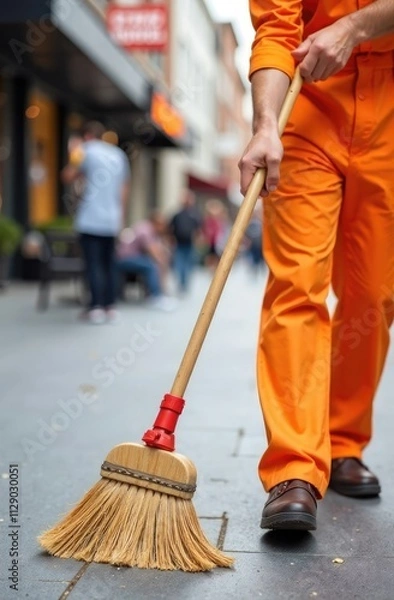 Obraz municipal worker sweep the road with broomstick and collects garbage in  scoop. sanitation worker sweep street