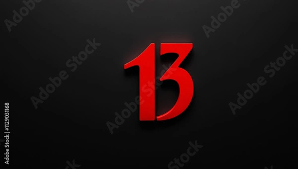 Fototapeta Vivid red number 13 against black background conveys strong visual impact, suitable for modern designs, dramatic themes