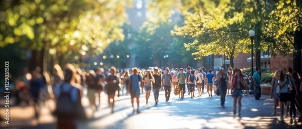 Fototapeta Dynamic student crowd on vibrant college campus on sunny day