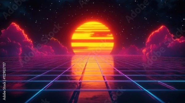 Obraz Retro Sunset: 80s Synthwave Grid Landscape
