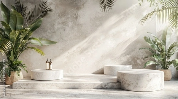 Fototapeta Serene Minimalist Studio with Tropical Plants and Marble Platforms
