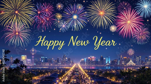 Obraz City Skyline at Night with Fireworks and Happy New Year Celebration