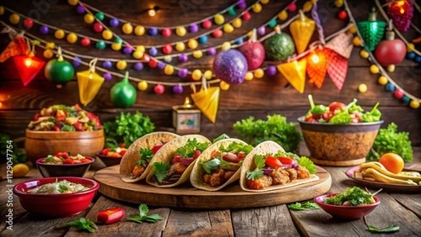 Fototapeta Low Light Photography of Mexican Tacos on a Festive Table for Cinco de Mayo Celebration with Colorful Decorations and Traditional Elements