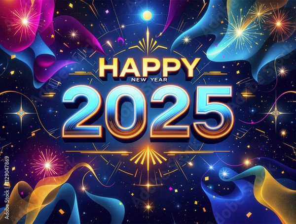 Obraz Vibrant New Year 2025 Design with Glowing 3D Numbers, Fireworks, and Space Theme