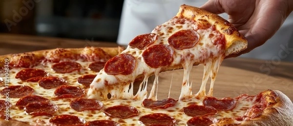 Fototapeta hand grabbing pepperoni pizza slice with melted cheese and crust