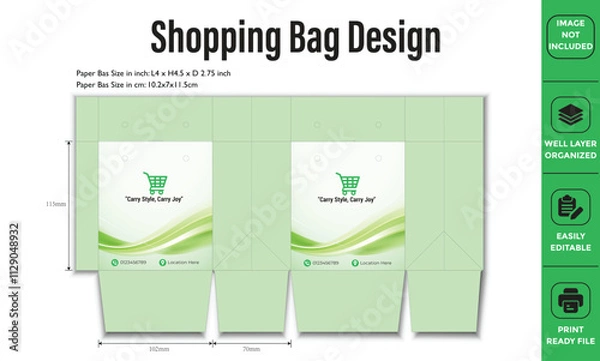 Fototapeta Editable shopping bag template with green color theme, dimensions, and design details. Print-ready file for retail branding.