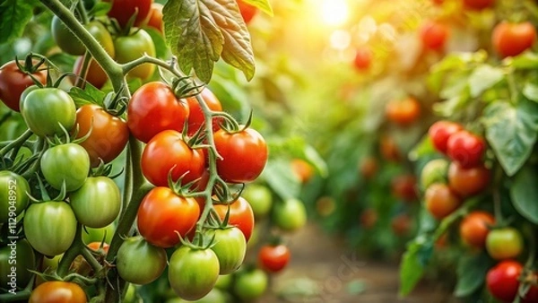 Fototapeta Lush Green Tomato Plants Showcasing Different Stages of Growth and Ripening in a Vibrant Garden Setting, Captured with High Depth of Field for Stunning Detail and Clarity