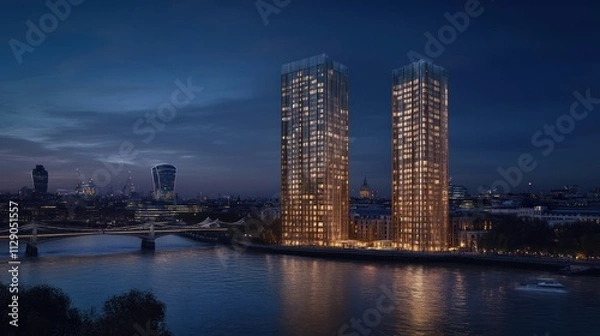 Fototapeta Two illuminated skyscrapers by a river at night.