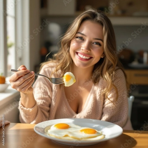 Obraz Smiling Woman Enjoying Fried Egg for Breakfast in Cozy Kitchen Setting