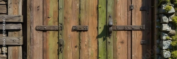 Fototapeta wooden door with moss and lichen on the hinges, lichen, algae