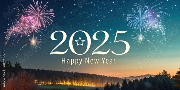 Fototapeta New Year's Eve Scene with Fireworks, Evergreen Trees, and 2025 in Elegant Font
