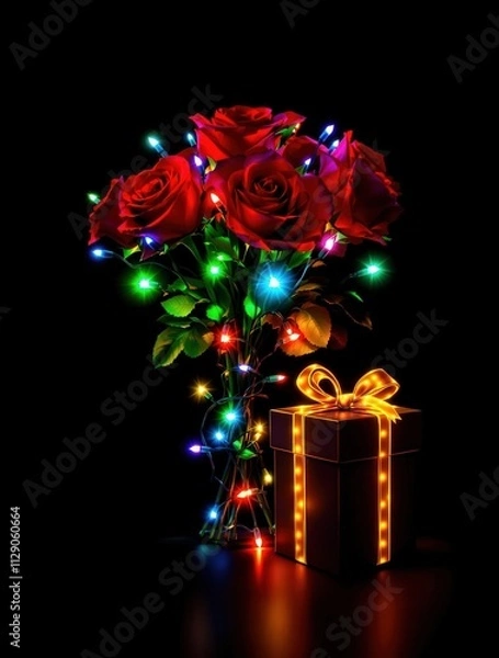 Obraz Christmas Bouquet of Red Roses with Twinkling Lights and Gift Box