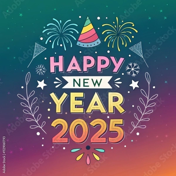 Fototapeta Circular Happy New Year 2025 Graphic Design with Fireworks and Snowflakes