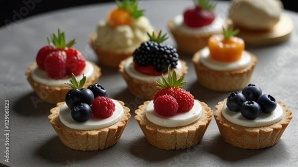 Fototapeta Assorted mini fruit tarts with creamy filling.