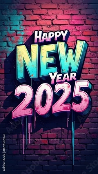 Obraz Vibrant Graffiti-Style New Year 2025 Graphic Design on Brick Wall