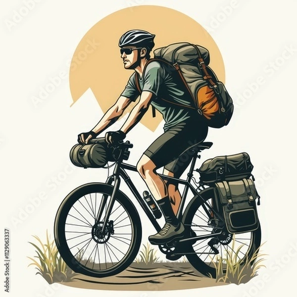 Obraz Man Cycling on Mountain Trail with Sunset Background and Large Backpack