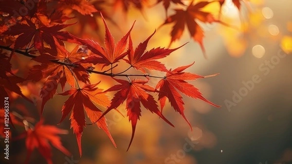 Obraz Close-Up of Vibrant Autumn Maple Leaves with Warm Golden Background