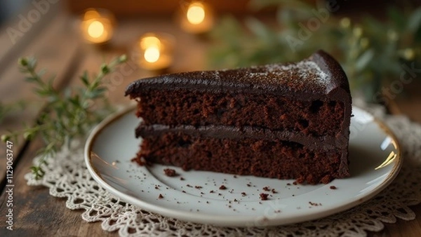 Obraz Close-Up of Chocolate Cake Slice with Powdered Sugar on White Plate