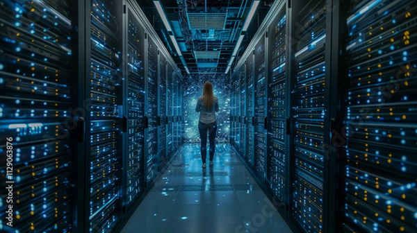 Fototapeta Data Center with Illuminated Servers and Tech Professional..