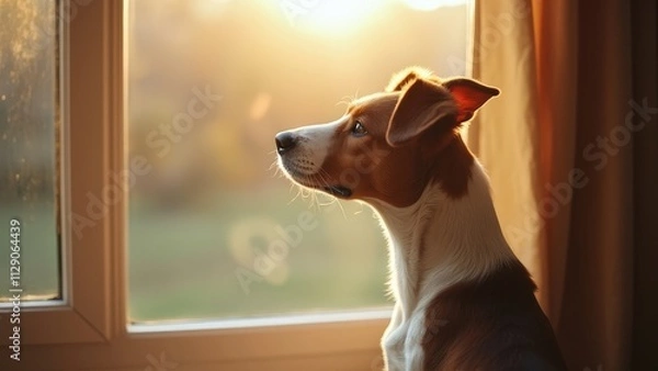 Obraz Dog Looking Out Window with Golden Light and Soft Background
