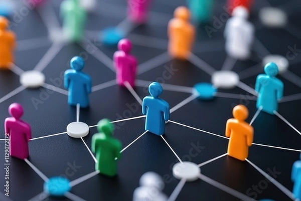 Fototapeta Healthcare rehabilitation global concept. Colorful network of figurines representing social connections and relationships, illustrating digital interaction and community engagement.