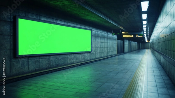 Fototapeta A contemporary subway corridor with vibrant red lights and a blank green advertising