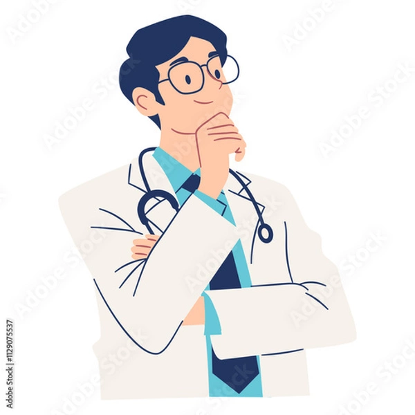 Fototapeta Male doctor with glasses in pensive pose, thinking, problem solving. Flat vector illustration, simple style, white background . Vector illustration