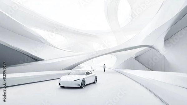 Obraz White Car in Futuristic Building: A Vision of Automotive Excellence