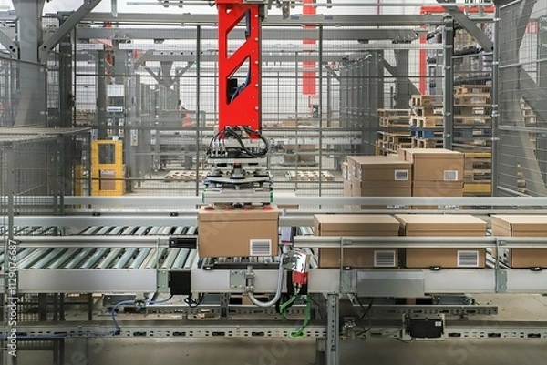Fototapeta palletizer - packing line in a logistics warehouse. conveyor belt in a modern production line