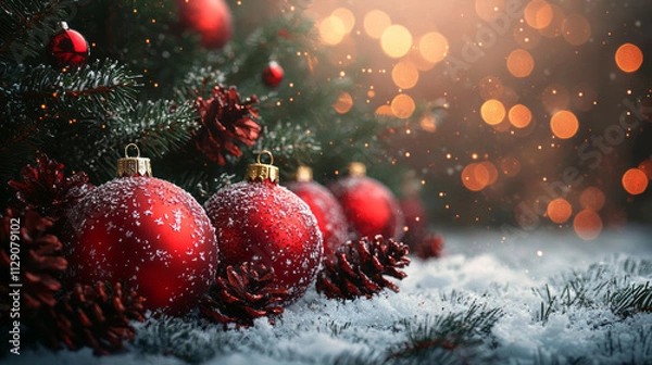 Fototapeta Christmas background with fir tree and sparkle toys, New Year. AI generative