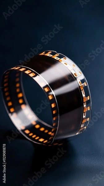 Fototapeta Close-up of a silver film reel against a dark background, showcasing intricate details and vibrant orange film strips.