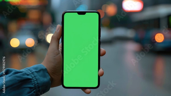 Obraz person holding smartphone with green screen in city setting, showcasing urban life and technology. blurred background adds depth and context