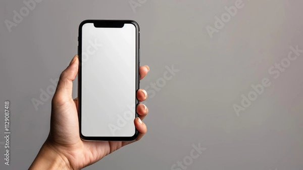 Fototapeta person holding smartphone with blank screen against neutral background, showcasing modern technology and communication