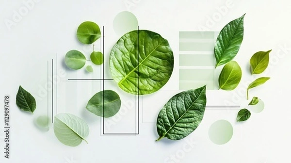 Fototapeta Green leaves on white background with geometric shapes, a modern and minimalist design with natural elements.